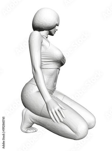 A beautiful woman in a white dress kneels on a stark white background, her hands resting on her knees in a polygonal art style.