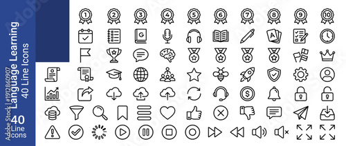 Set of 40 Language Learning Line Icons: Monoline Outline Vector Graphics for Education, Progress Tracking, Gamification, Online Courses, Study, Achievement Badges, and User Interface Design.
