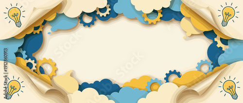 Panoramic vector banner for brainstorming and creative ideas featuring lightbulb doodles, mechanical gears, and thought clouds in a 3D paper cut style with central copy space for text.