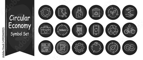 Circular Economy Icon Set on Chalkboard: 18 White Line Symbols for Sustainability, Recycling, Reuse, Waste Reduction, Repair, and Eco-Friendly Living. Vector Illustration for Green Business.