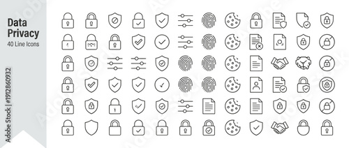 40 Data Privacy and Security Vector Line Icons: Minimalist Set for User Consent, Cookie Preferences, Biometric Fingerprint, Encryption, GDPR Compliance, and Digital Protection Settings.
