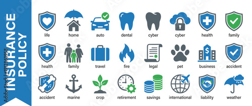 Comprehensive Set of Insurance Policy Icons Representing Life, Health, Home, Auto, Travel, Business, Pet, and Retirement Coverage. Flat Vector Illustration for Risk Management and Protection.