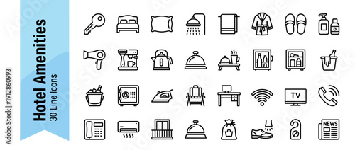 30 Hotel Amenities and Room Service Line Icon Set. Monoline Outline Symbols for Hospitality, Travel, Guest Services. Includes Bed, Wifi, Coffee, Shower, Minibar, Safe, Luggage, and Breakfast Icons.