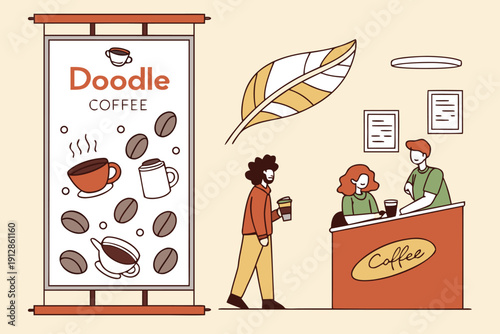 Modern Coffee Poster Set: Aesthetic Cafe Scenes with People and Coffee Beans