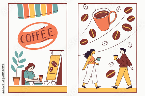 Modern Coffee Poster Set: Aesthetic Cafe Scenes with People and Coffee Beans