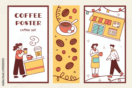 Modern Coffee Poster Set: Aesthetic Cafe Scenes with People and Coffee Beans