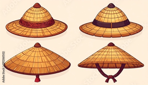 Asian Conical Hats - Traditional Headwear in Vector Illustration.