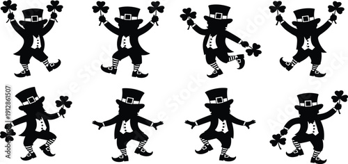 Set of eight black silhouette leprechaun illustrations in festive dancing poses with shamrocks, top hats, coats, and striped socks for St. Patrick’s Day