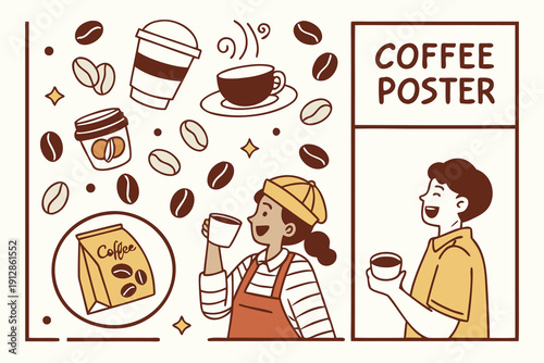 Modern Coffee Poster Set: Aesthetic Cafe Scenes with People and Coffee Beans
