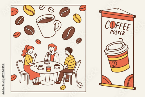 Modern Coffee Poster Set: Aesthetic Cafe Scenes with People and Coffee Beans