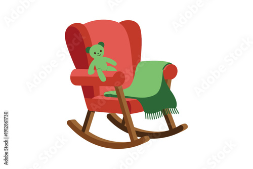 Cozy red rocking chair holds a small green teddy bear and soft blanket.