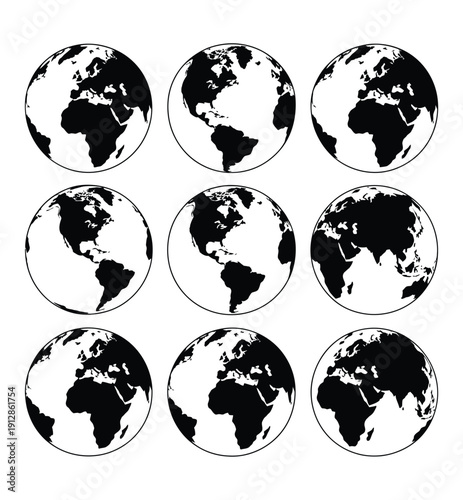 Nine black and white vector illustrations of planet Earth globes showing different continents, isolated on white background 