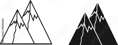 Stylized mountain range illustration showing outline and filled silhouette design, black and white vector artwork highlighting jagged peaks and graphic contrast