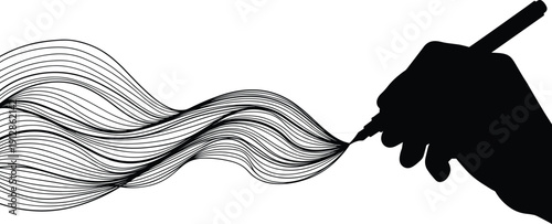 Silhouette of hand holding pen drawing flowing wavy lines symbolizing creativity, expression, motion, or artistic inspiration in minimal graphic design