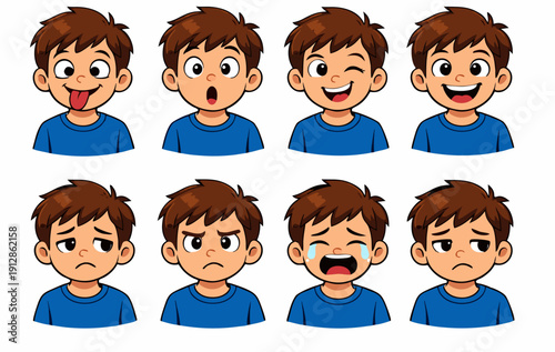 Expressions of Childhood: A stylized cartoon illustration of a young boy in a blue shirt, showcasing eight distinct facial emotions—playful, surprised, happy, neutral, sad, angry, crying,