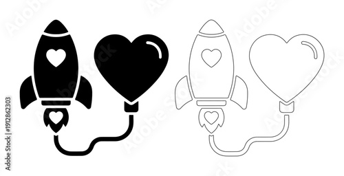 Rocket ship soaring into the sky with a heart-shaped balloon, symbolizing love and adventure.