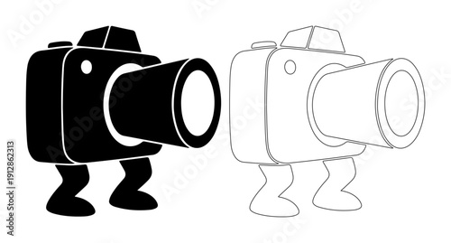 Playful cartoon camera with legs, ready to capture moments, offered in silhouette and outline