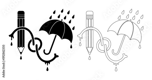 Creative ideas protected from rain by an umbrella and dripping pencil symbolizing inspiration