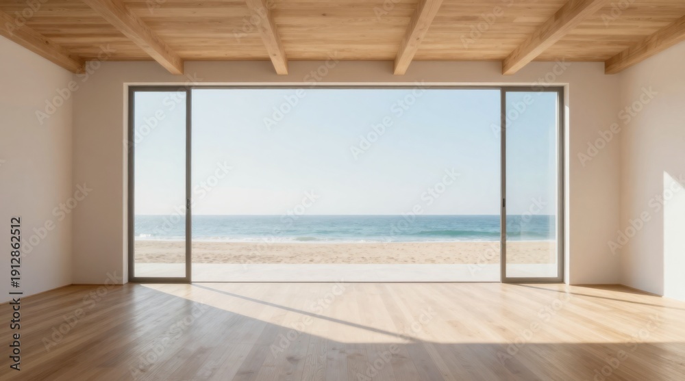 Fototapeta premium Modern minimalist interior with panoramic ocean view through sliding doors, bright open space design with wood ceiling