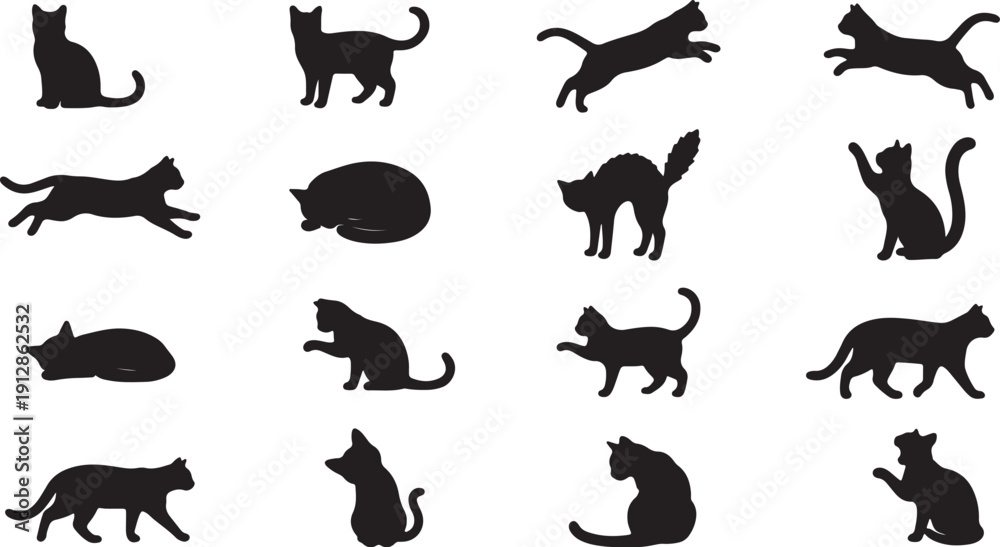 Fototapeta premium Set of minimalist black cat silhouettes in various poses and actions isolated on white background