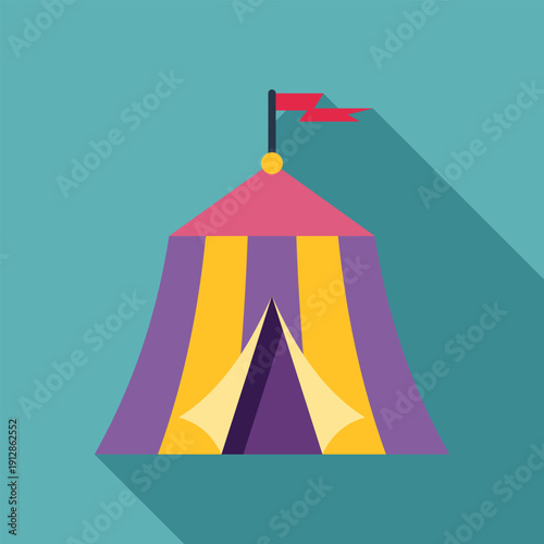 Circus tent icon featuring yellow and purple stripes with a red flag on top, casting a long shadow