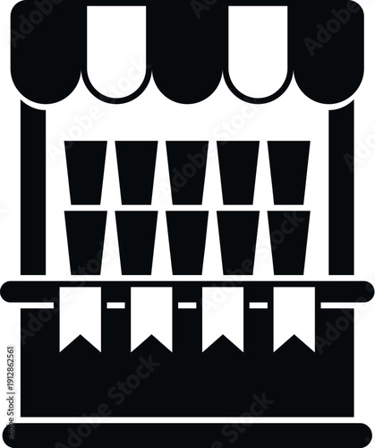 Black and white vector icon showing a classic fairground game booth with cups