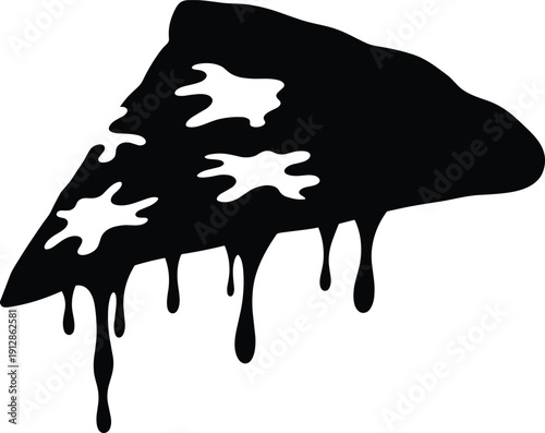 Silhouette of dripping cheese pizza slice with abstract toppings for food, snack, and graphic design themes