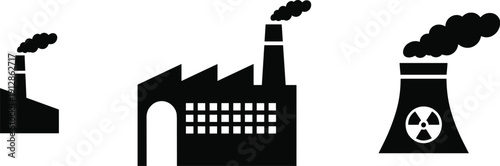 Industrial facility icons in black silhouette showing factory, plant, and nuclear power station with smoke emissions and radiation symbol for energy themes