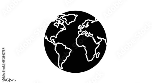 Black Globe Icon with White Continents Outline, Global World Map Symbol