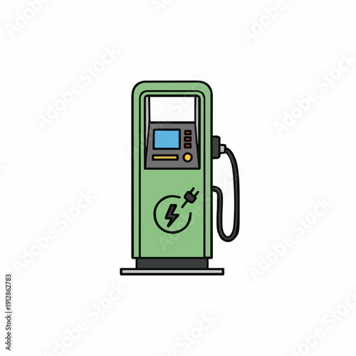 Green Electric Vehicle Charging Station With Cable And Plug In The Center Of The Image On A White Background