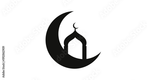 Crescent Moon and Mosque Silhouette Icon for Islamic Culture and Ramadan