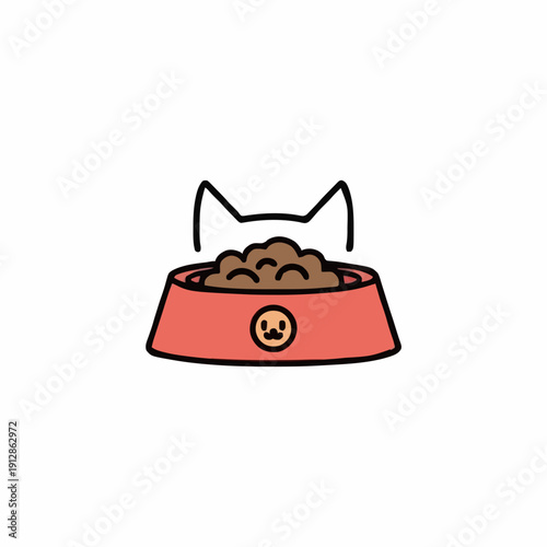 Cute cartoon cat ears peeking over a full red food bowl against a white background simple illustration