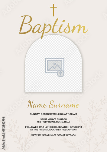 Baby Girl Baptism Invitation Card Template, Elegant Watercolor Pink and Gold Design, Modern Christening Invite Layout with Photo Frame, Religious Celebration Design