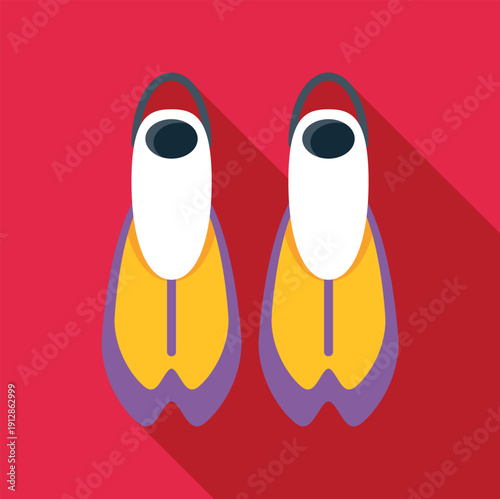 Pair of swimming flippers in a modern flat design style on a red background