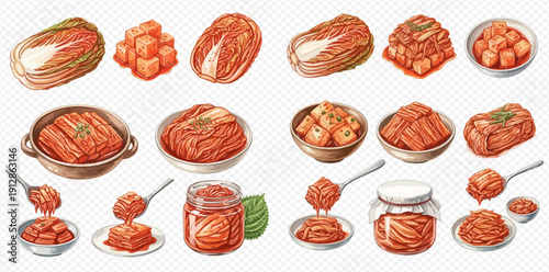 Watercolor illustration set of various kimchi preparations, including whole cabbage, sliced, and served in bowls and jars, showcasing traditional Korean fermented food.