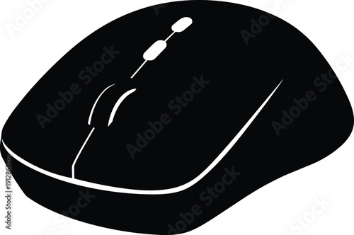 Silhouette of a wired computer mouse with scroll wheel and ergonomic design, representing digital navigation, technology, and user interface interaction