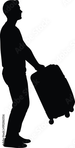 Silhouette of a traveler pulling wheeled suitcase in motion, representing travel, mobility, tourism, and transit for lifestyle, airport, and transportation concepts