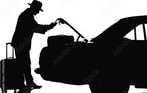 Silhouette of a man loading luggage into a car trunk, symbolizing travel, arrival, or departure for business, tourism, or transportation themes