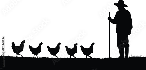 Silhouette of farmer with stick herding chickens on grass, rural agriculture illustration for livestock care, poultry farming, and countryside lifestyle themes