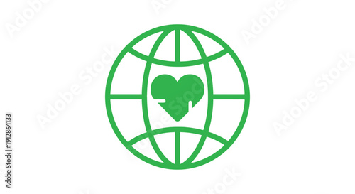 Green Globe with Heart and Heartbeat Line Icon, Global Health Concept