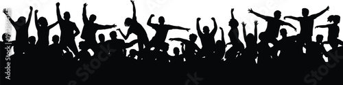 Excited cheering crowd silhouettes celebrating with raised hands at concert festival party isolated on white background for event concept