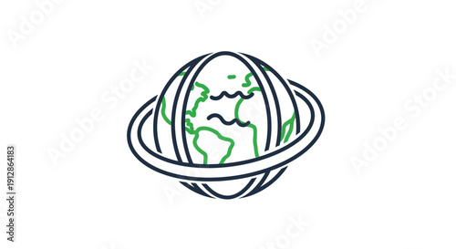 Abstract Globe Icon with Orbiting Rings, Global Network Concept