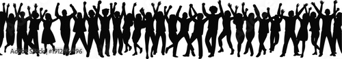 Cheering crowd silhouette banner, diverse group of happy people jumping with raised hands isolated on white background