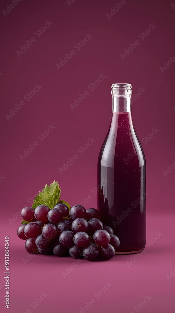 Obraz premium Generative AI depiction of a grape juice bottle with fresh grapes and leaf in a minimalist style