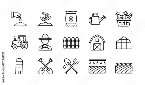 Farming and Agriculture Line Icons Set with Planting Tractor Vegetables and Farm Tools Vector Collection