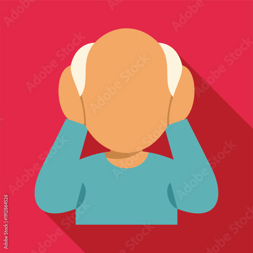 Senior man covering ears with hands, showing stress or headache against a red background