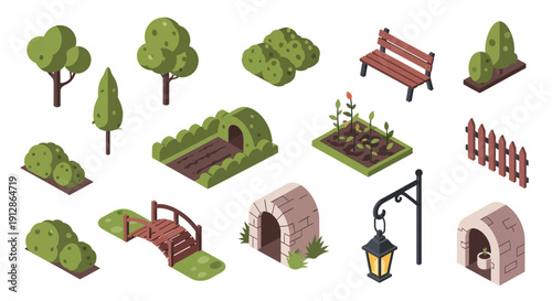 Isometric park elements collection including trees benches and garden structures