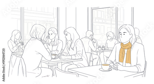 Illustration of diverse people enjoying coffee and conversation in a cafe.