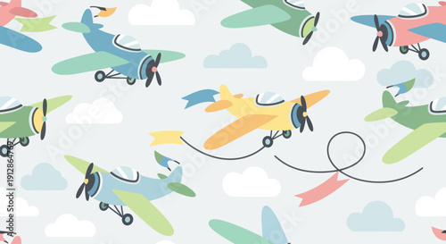 Colorful retro airplanes flying among clouds in a seamless pattern.