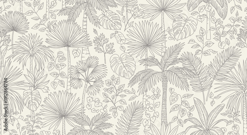 Seamless tropical jungle pattern with palm leaves and vines in line art style.